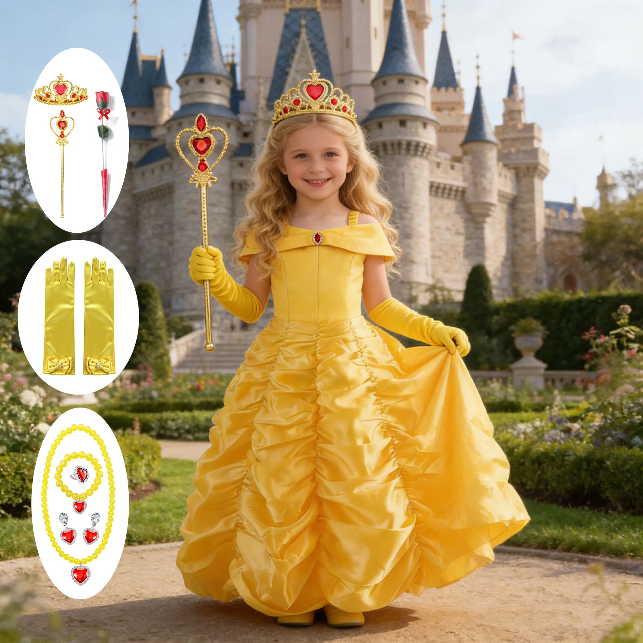 Belle Costume for Girls Cosplay Yellow Princess Dress Beauty and The Beast Costumes Girls Birthday Party Children Clothes Gown