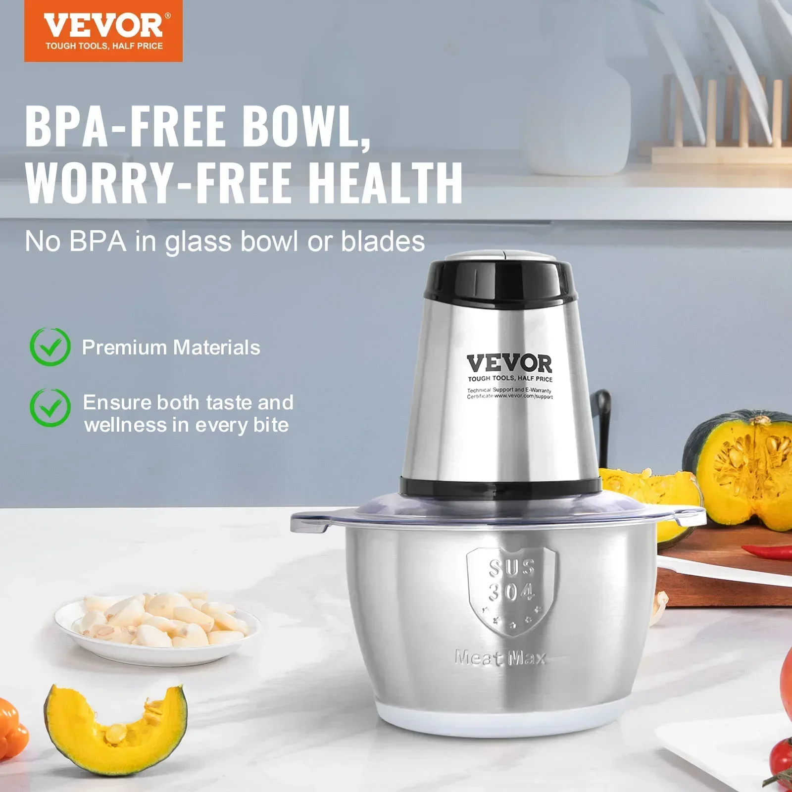 VEVOR Food Processor Electric Meat Grinder with 4-Wing Stainless Steel Blades Stainless Steel Bowl for Baby Food 2