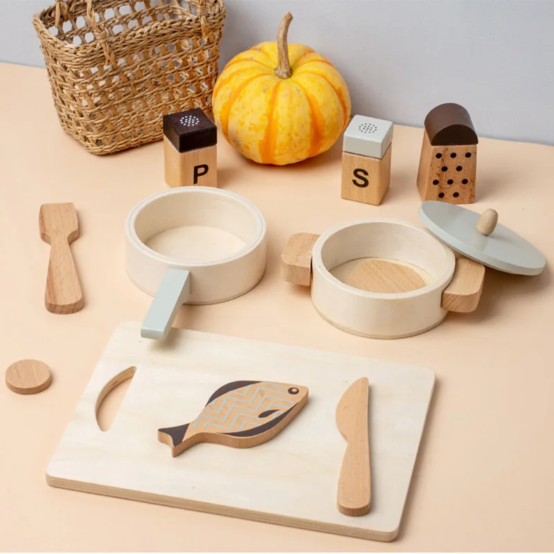 

1 Set Wooden Kitchen Toy Simulation Kitchenware Boy Girl Cooking Cookware Pot Pretend Play House Toy Educational Gift for Kids