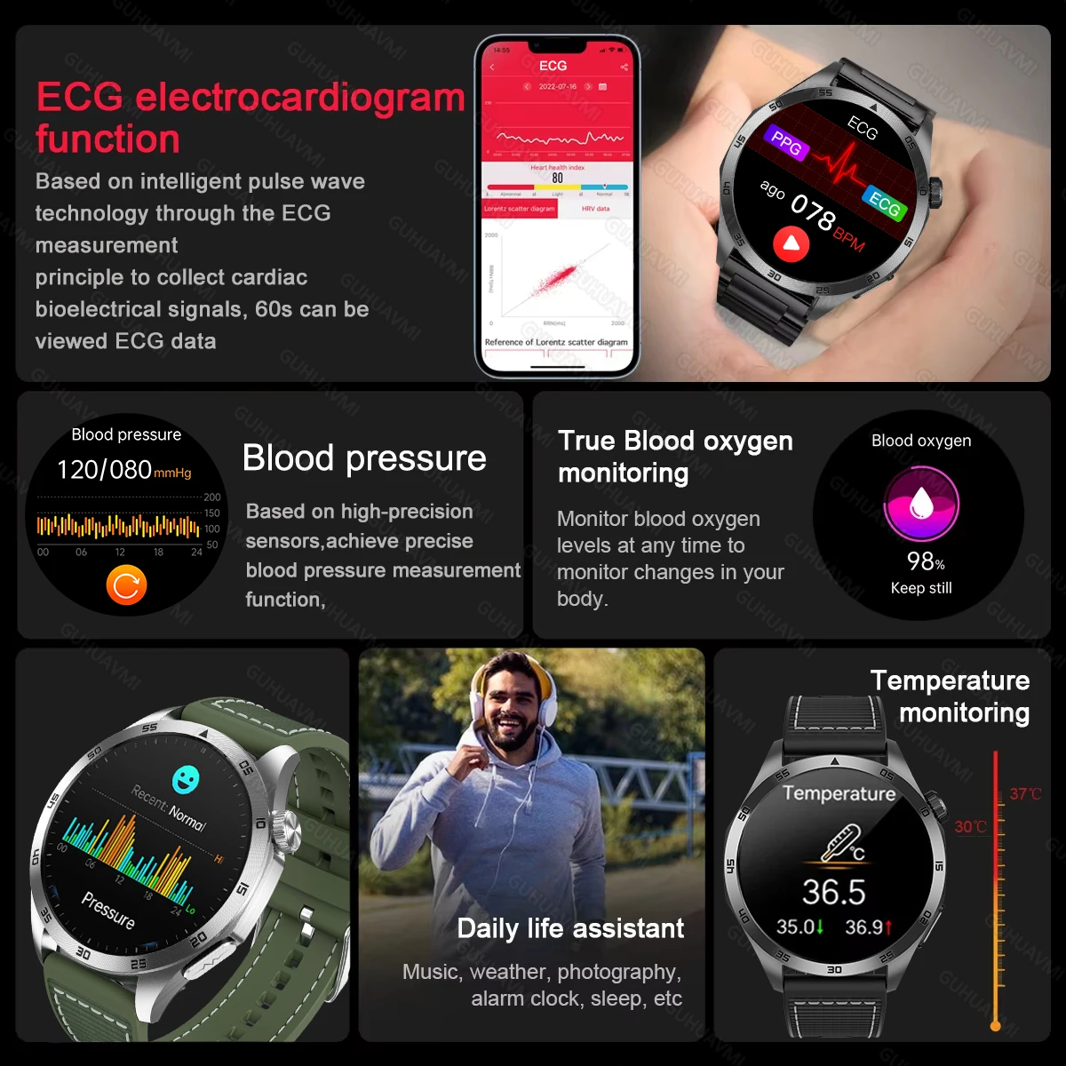 Micro Physical Examination Blood Lipids Uric Acid Blood Pressure Smart Watch ECG+PPG Clock Bluetooth Call Men 2025
