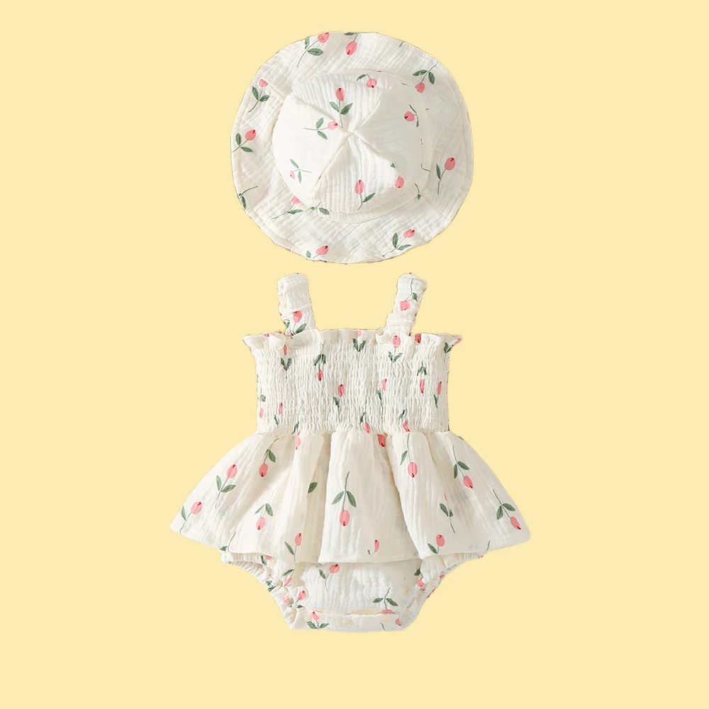 Cotton Baby Girls Summer Jumpsuit with Hat and Suspenders