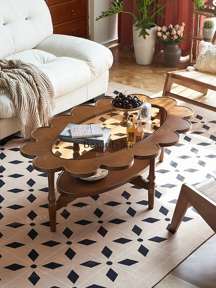 

Cherrywood Retro Oval Living Room Coffee Table Double-Layer Solid Wood Lace Wooden Tea Table