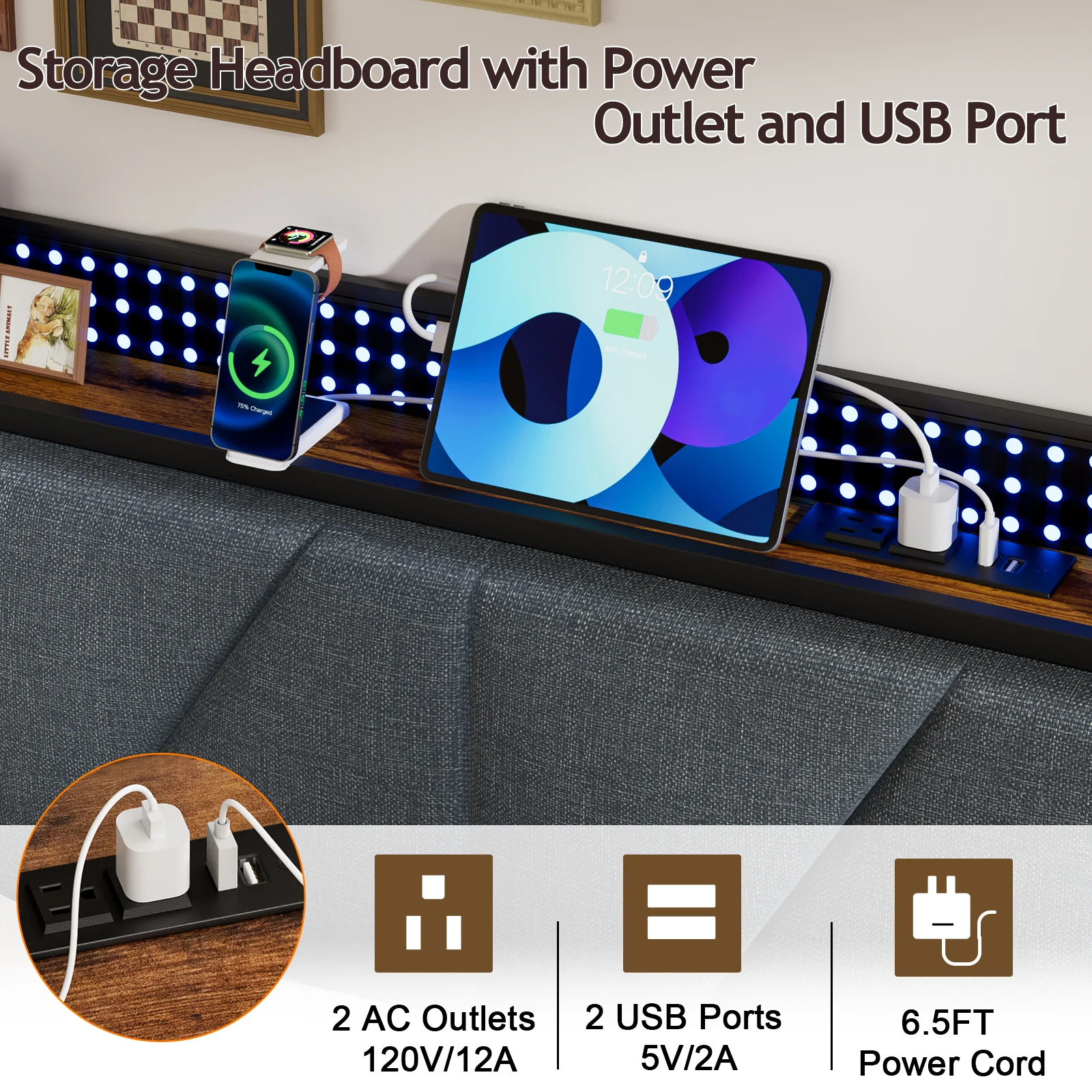Full/Queen Bed Frame with Charging Station and LED Lights,USB Charging Station Headboard Upholstered Queen Size Metal bedstead 6