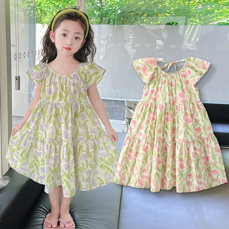 

Girls Dress Summer Cotton Lotus Collar Dress Fragmented Tulip Sweet Kindergarten Primary School Fat Princess Dresses