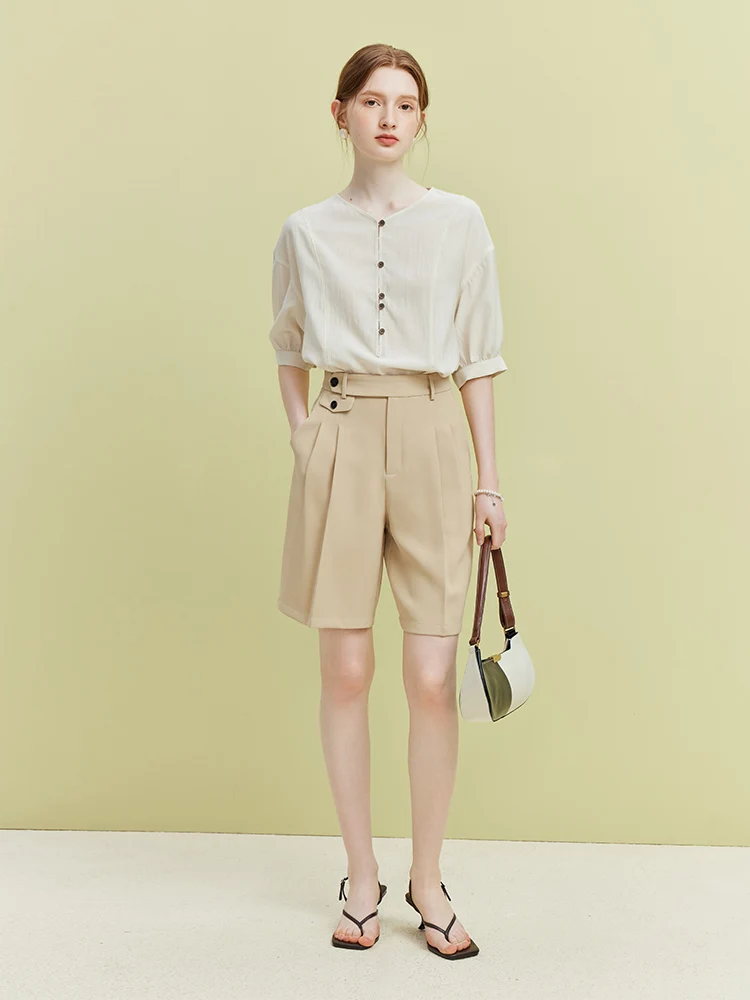 FSLE Office Lady Five-Point Suit Shorts High Waist Button Decoration Pleated Design Loose Solid Shorts Twill Commuter Bottoms