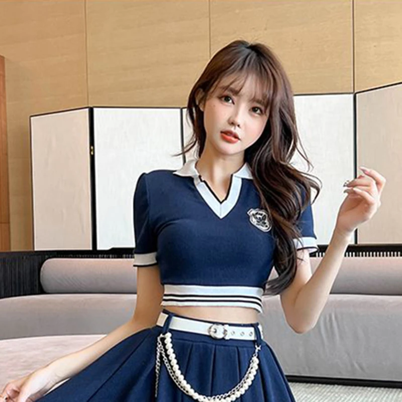 여성용 V넥 니트 셔츠, 예쁜 스타일, 치어리더 크롭탑, 패치워크 턴다운 칼라 티, 한국 패션, 여름