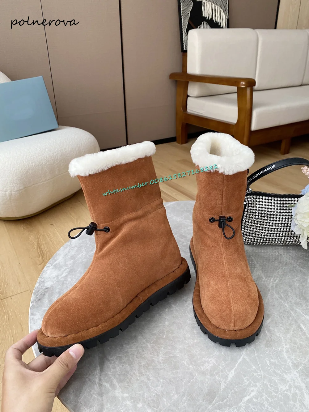 

Fashion Solid Fur Snow Boots Round Toe Drawstring Ankle Boots 2023 Winter Newest Party Daily Shoes for Women Warm Anti Slip