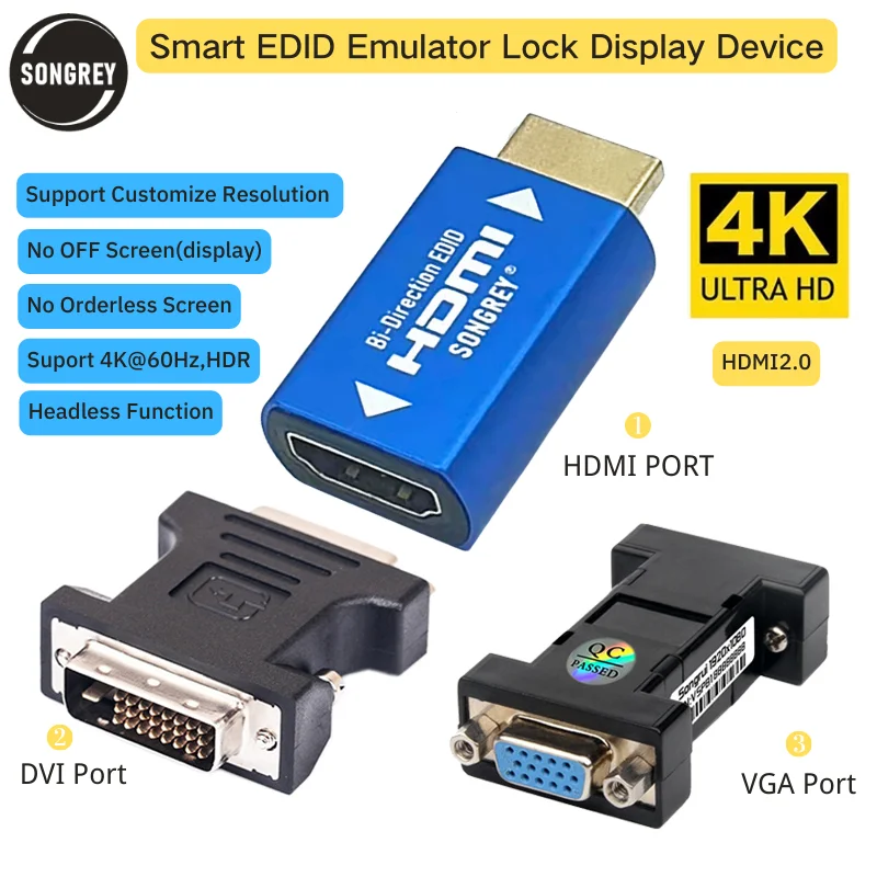 SONGREY HDMI EDID Emulator HDMI2.0 4K Ultra HD KVM Signal Holder Pass Through Eliminated