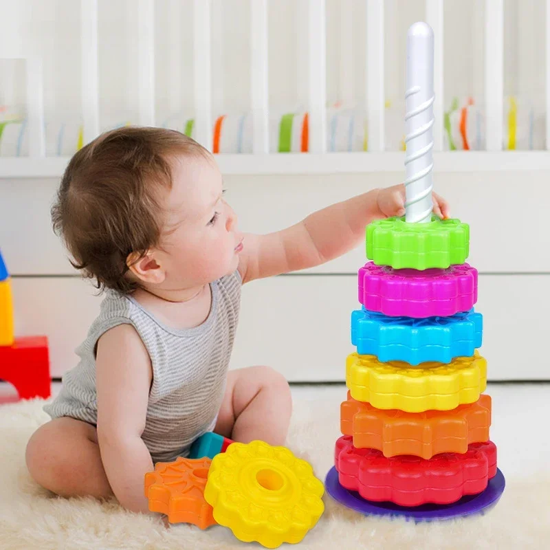Educational Toys Montessori Rotating Rainbow Tower Baby Stacking Puzzle Toys Safety Environmental Protection Colored Children's Toys