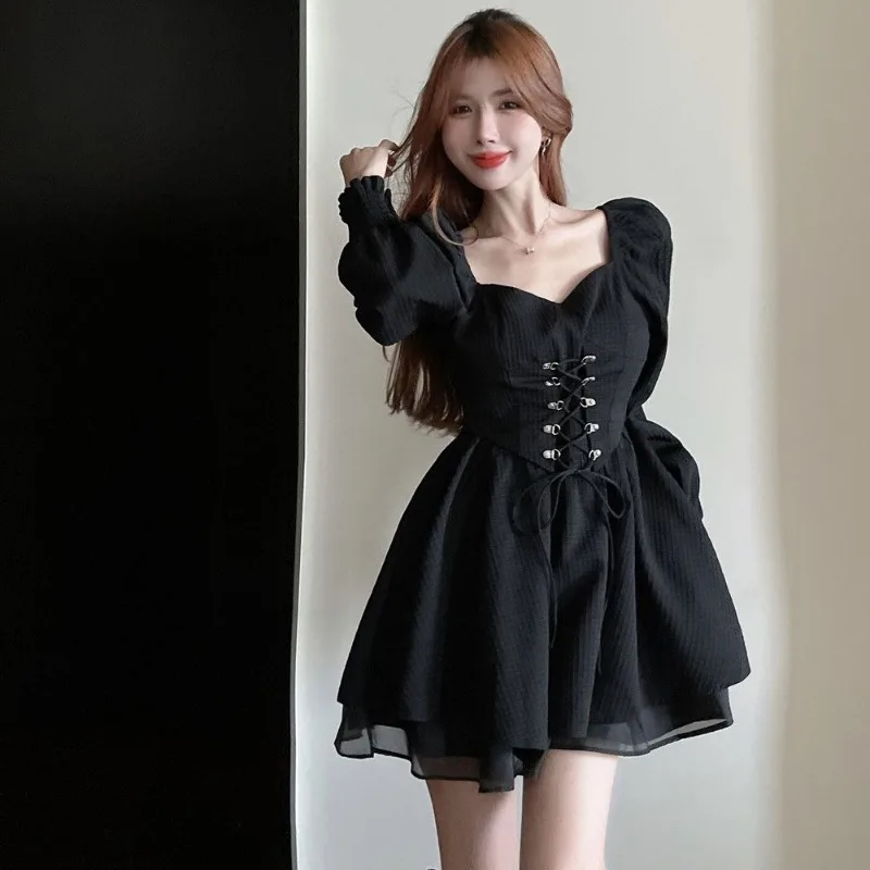 Women Spring Autumn Simplicity Office Lady Solid Color Square Collar Long Puff Sleeve Ladies Elegant Temperament A-line Skirt 3