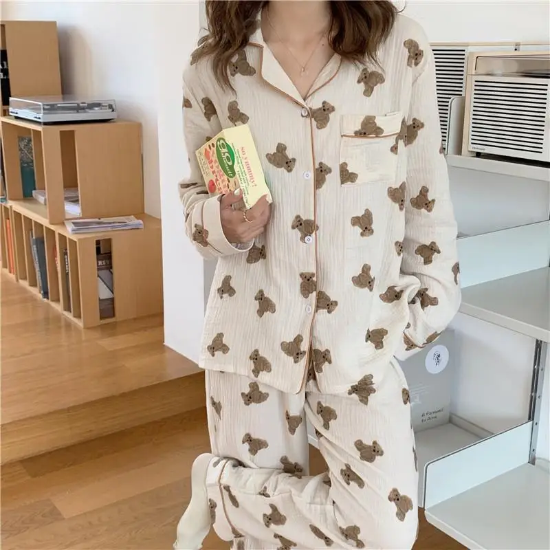 QWEEK Cotton Women's Pajamas Kawaii Sleepwear Bear Print Couple Nightwear Cute Cartoon Print Pijama 2 Piece Set Pyjamas for Man silk pajama set