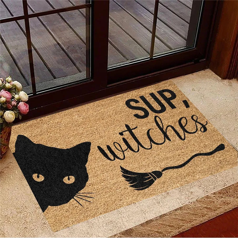 

HX Sup Witches Black Cat Doormat Animal Dog Vintage 3D Printed Carpets Flannel Indoor Floor Mat Halloween Welcome Mats