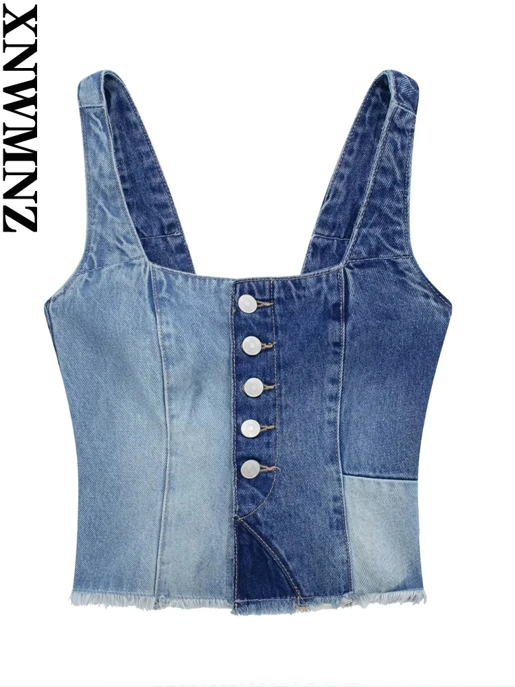 

XNWMNZ женский модный новый лоскутный джинсовый топ женский винтажный с квадратным вырезом и пуговицами спереди потертый подол тонкий женский шикарный топ