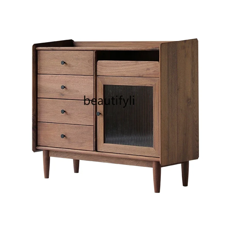 

Nordic Solid Wood Sideboard Black Walnut Home Oak Locker Living Room Chest of Drawers Storage