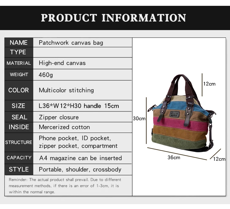 Damen-Modehandtasche, Patchwork-Regenbogen-Schultertasche aus Segeltuch, große Kapazität, Reisetasche, Weihnachtsgeschenk – Detail 7