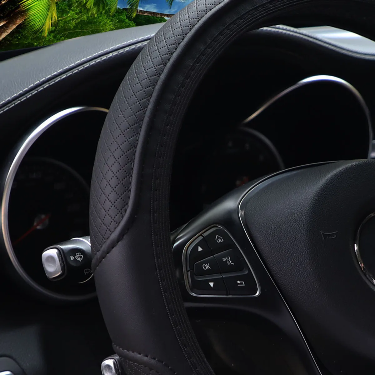 Plaid PU Embossed Leather Steering Wheel Cover, 14.5-15 Inches