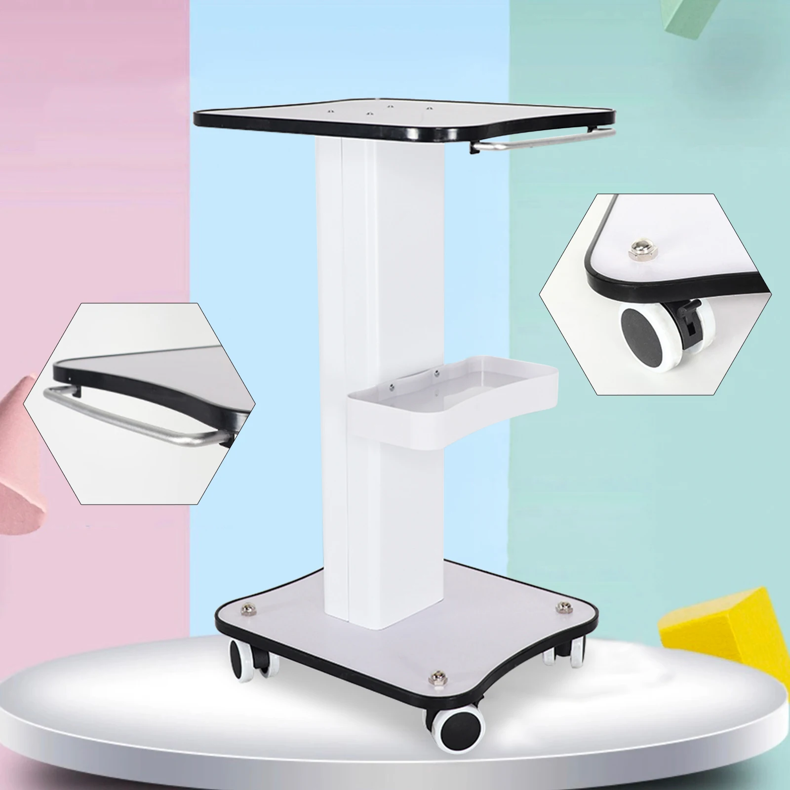 Description Picture 5 of itemDouble Layers ABS Salon Cart with Handle and 4 Wheels Beauty Trolley Stand for Barbershops Studio