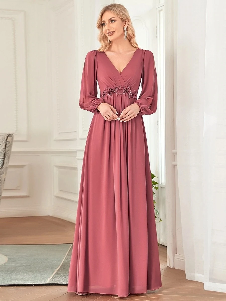 Evening Dress Wedding Long Sleeves | Chiffon Dress Gown Evening Dress ...