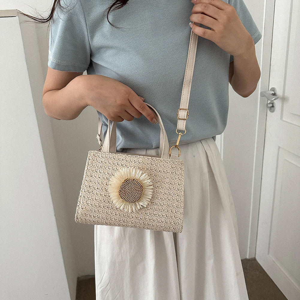 Sun Flower Straw Bag Handbag Adjustable Strap Weaving Shoulder Bag for Daily Life Leisure
