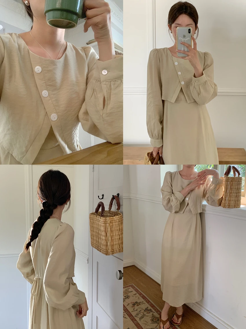 Sommer neue einfarbige schlanke Frauen Kleid süße Damen Frau Freizeit kleid lose Retro gefälschte zweiteilige lang ärmel ige Kleid weiblich – Detail 2