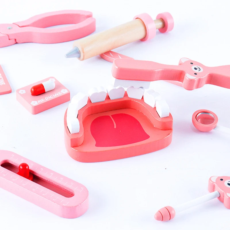 Wooden Pretend Play Doctor Toys Kids Role-playing Games Simulation Dentist Bag Set Stethoscope Teeth Model Educational Toy Gifts 2
