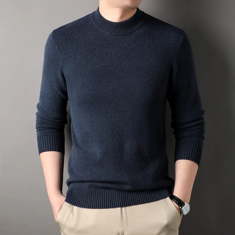 100% Pure Wool Sweater for Men Thickened Half-High Collar Commuter's All-Matching Base Cardigan Men