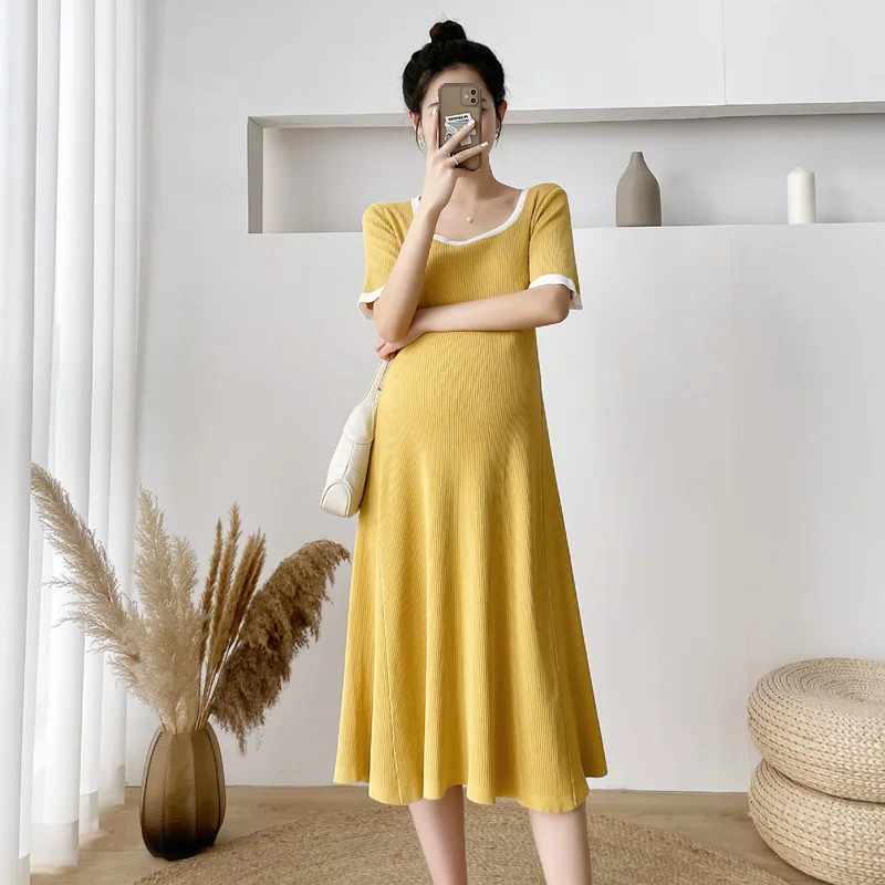 

French Maternity Dresses Solid Patchwork Knitting Brief Elegant Slim Pregnancy Vestidos Clothes For Pregnant Women 2022 New