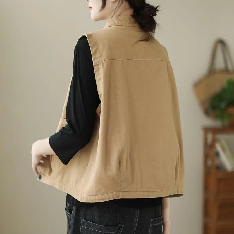 2023 Spring  Autumn New Vintage Art Vest Coat Loose Standing Collar Single Breasted Top Autumn Cardigan