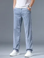 Ultra-thin Lyocell Men's Jeans Summer Breathable Soft Straight Loose Trousers Business Casual Ice Silk Denim Pants Light Blue 2