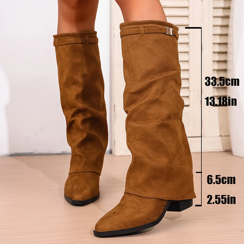 Fashion Slip on High Heeled Knee High Boots Women Autumn Winter High Tube Rider Boots Woman Pointed Toe Thick Heel Long Botas