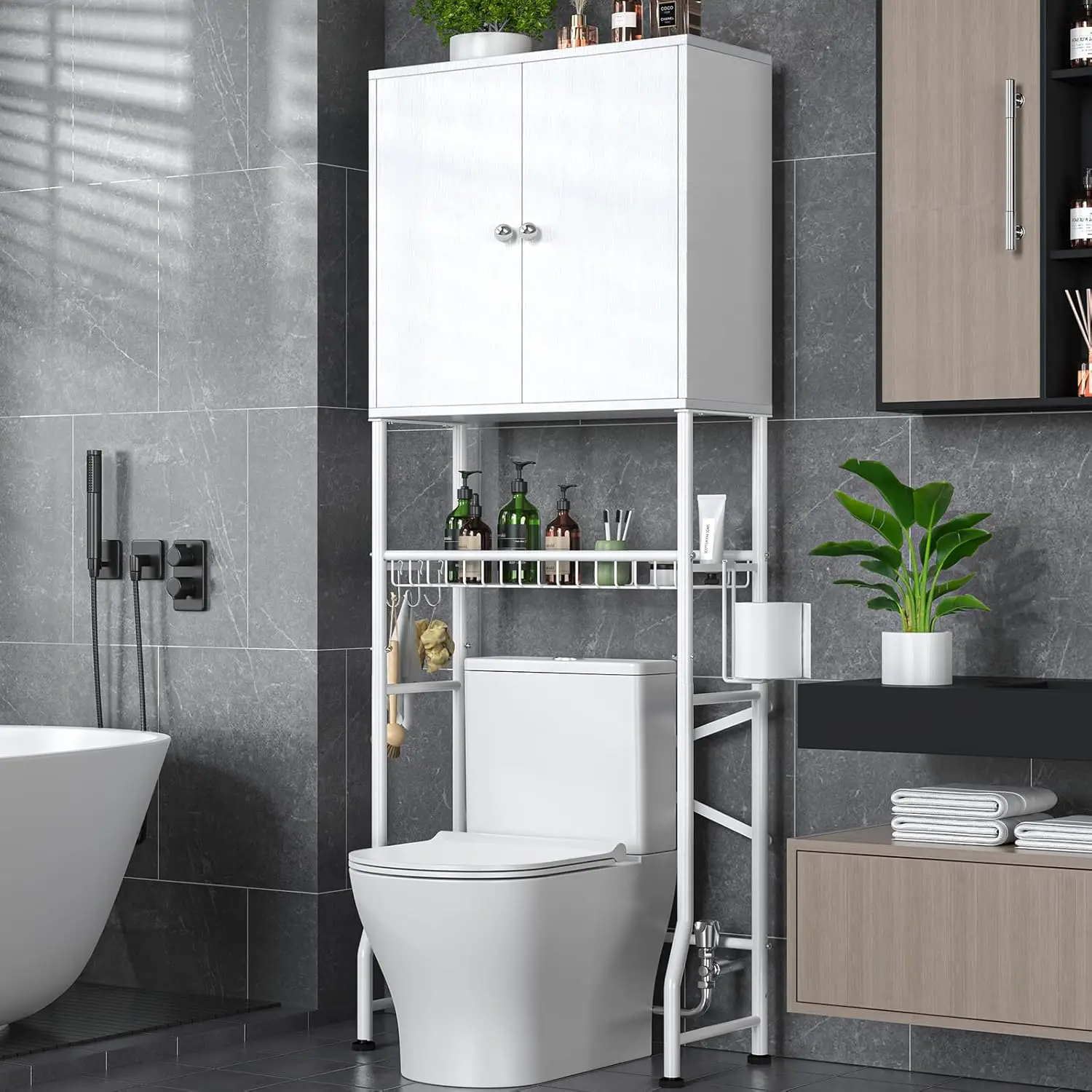 2-Door Over The Toilet Storage Cabinet, Freestanding Bathroom Organizer with Privacy Rack, Water-Resistant White Shelf