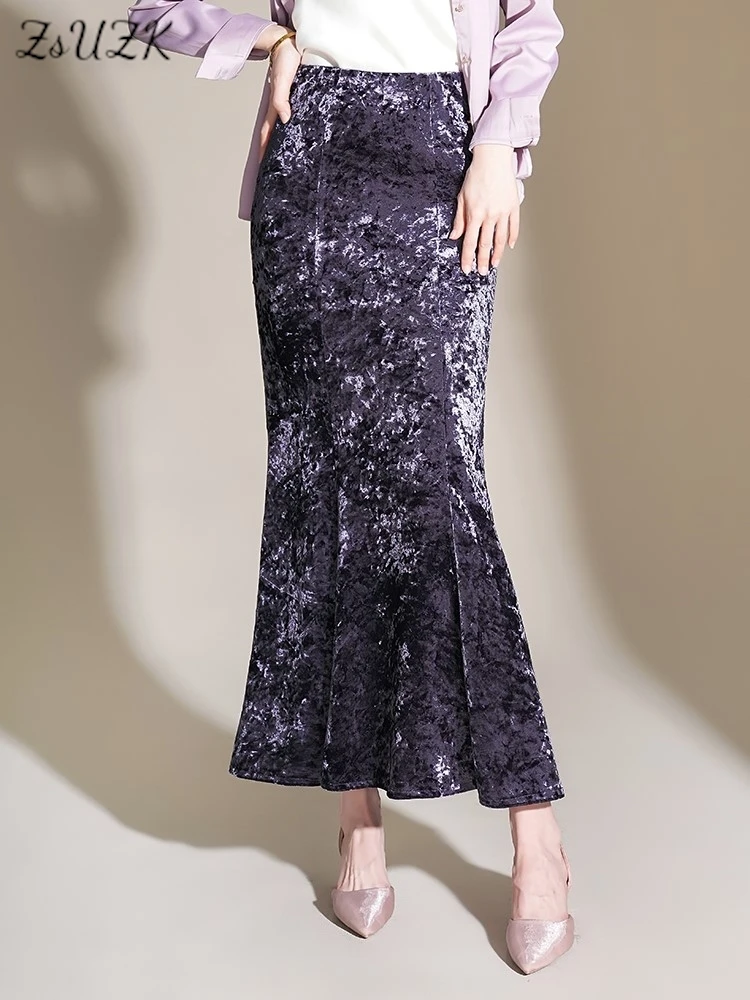 

ZUZK Fashion Velvet Long Mermaid Skirt 2024 New Spring Elastic High Waist Elegant Ruffles Skirt Slim Hip Wrapped Long Skirt