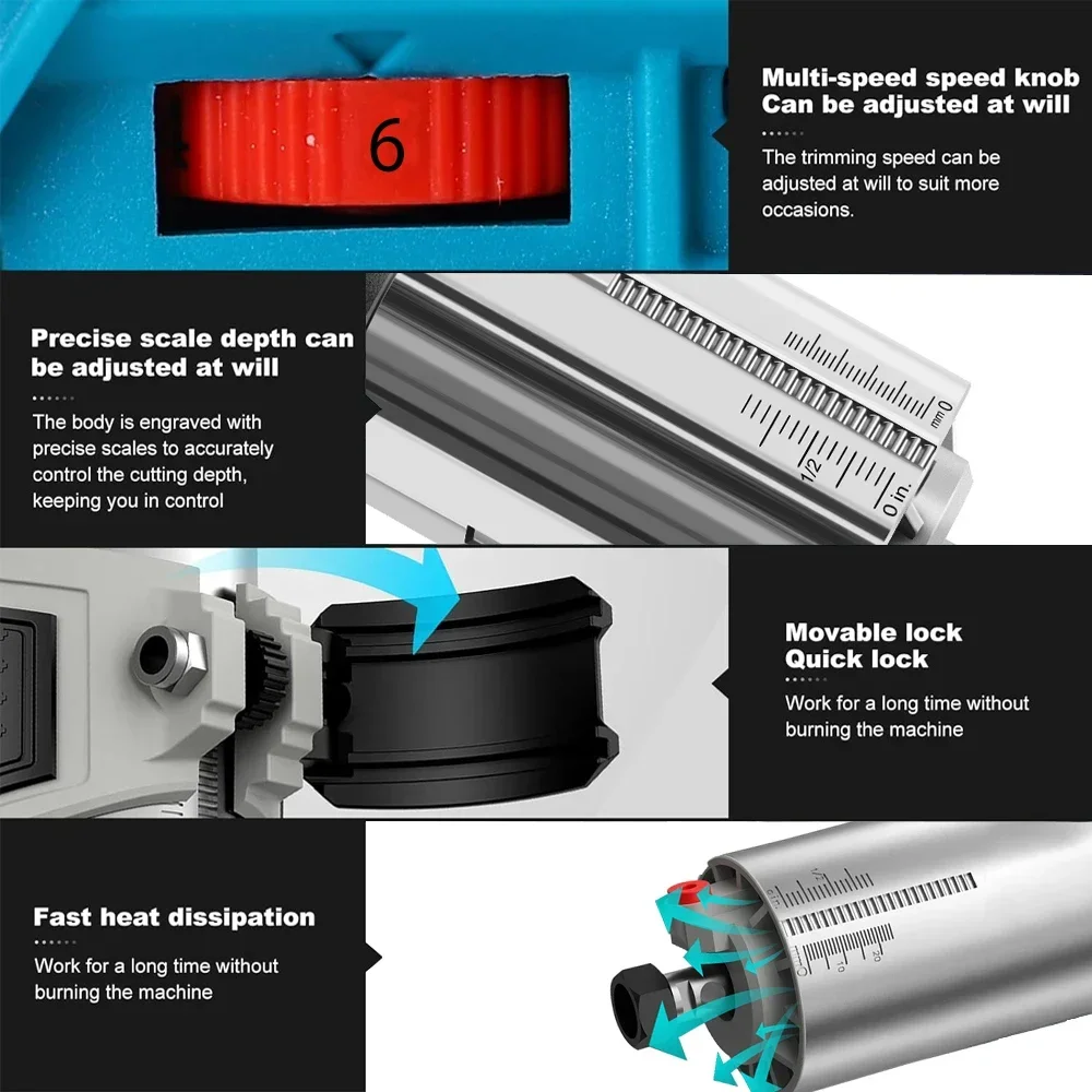 Brushless 6 Speeds Electric Trimmer Aluminum Alloy Base Cordless Wood Router Woodworking Engraving Slotting for Makita Battery 4