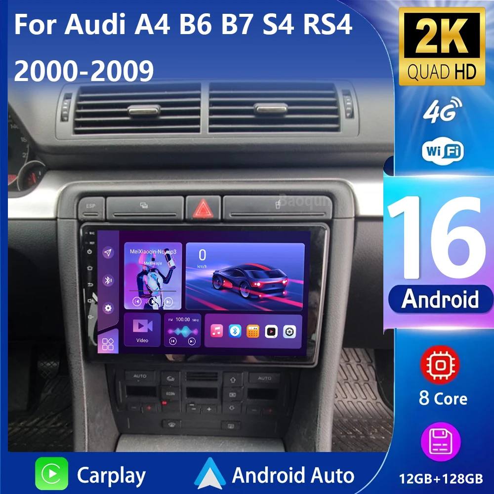 Android 16 Carplay Android Auto 2K pantalla Radio de coche reproductor Multimedia para Audi A4 2 3 B6 B7 S4 RS4 2000-2009 Auto radio Estéreo 1