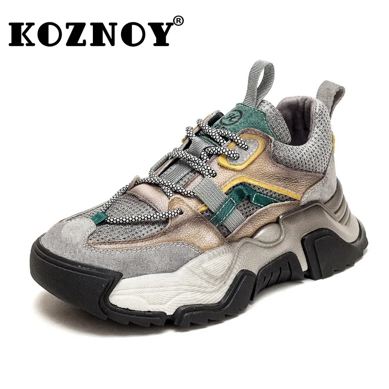 

Koznoy 5cm Air Mesh Genuine Leather Chunky Sneaker Comfy Spring Summer Mixed Color Ankle Boots Flats Booties Autumn Women Shoes