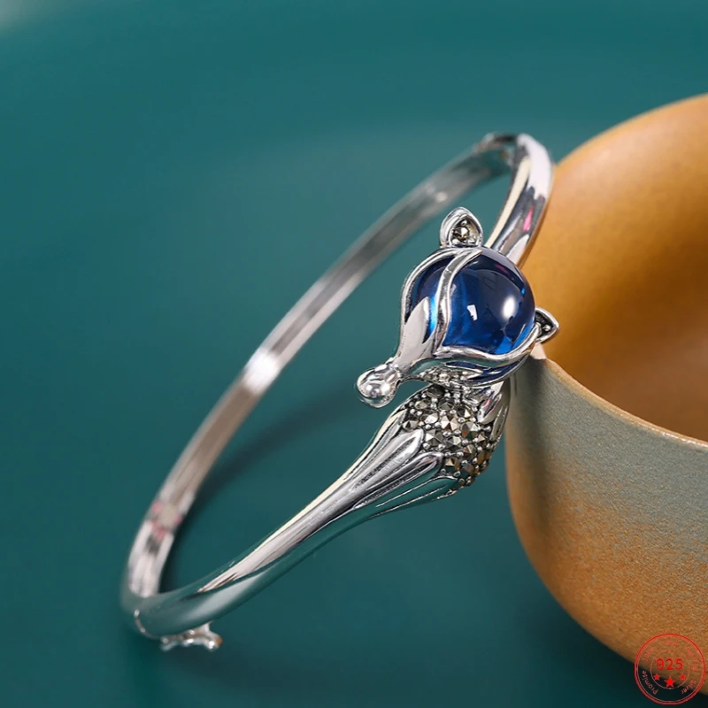 

S925 Sterling Silver Bracelets for Women New Fashion Garnet Chalcedony Blue Corundum Fox-bangle Classic Jewelry Free Shipping