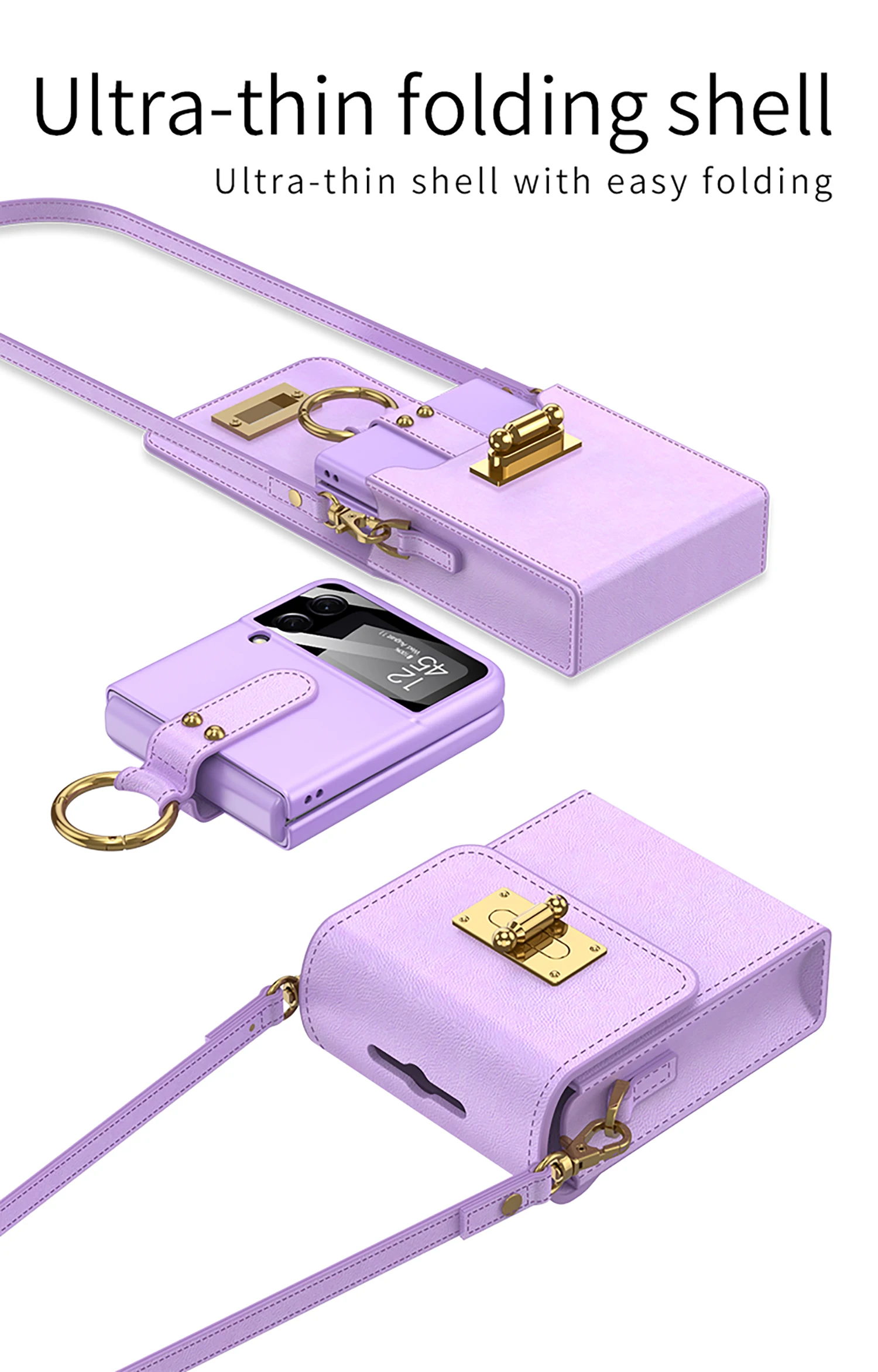 Samsung Galaxy Z Flip 3 4 5G için Mini Omuz Ultra Ince Halkalı Düz Deri Zincir Kordon Telefon Çantası_voghion.com