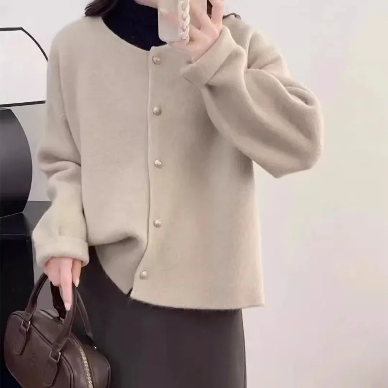 Autumn and Winter New Crew Neck Women's Cardigan Sweater Korean Style Solid Color Women's Knitwear Single-breasted Jacket