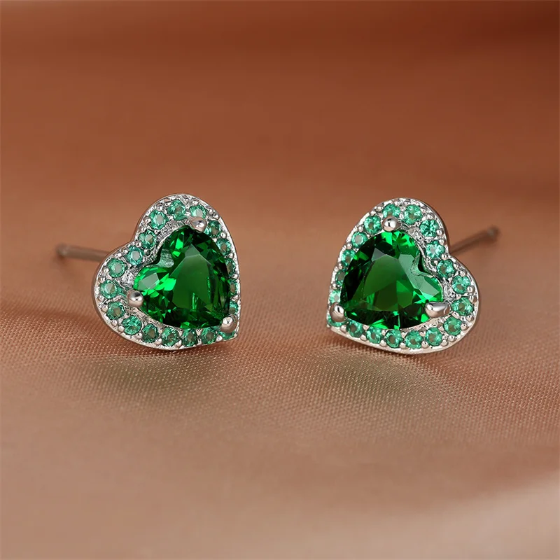 Luxury Female Black/Green/Red/White Stud Earring Fashion Silver Color Small Heart Vintage Wedding Jewelry