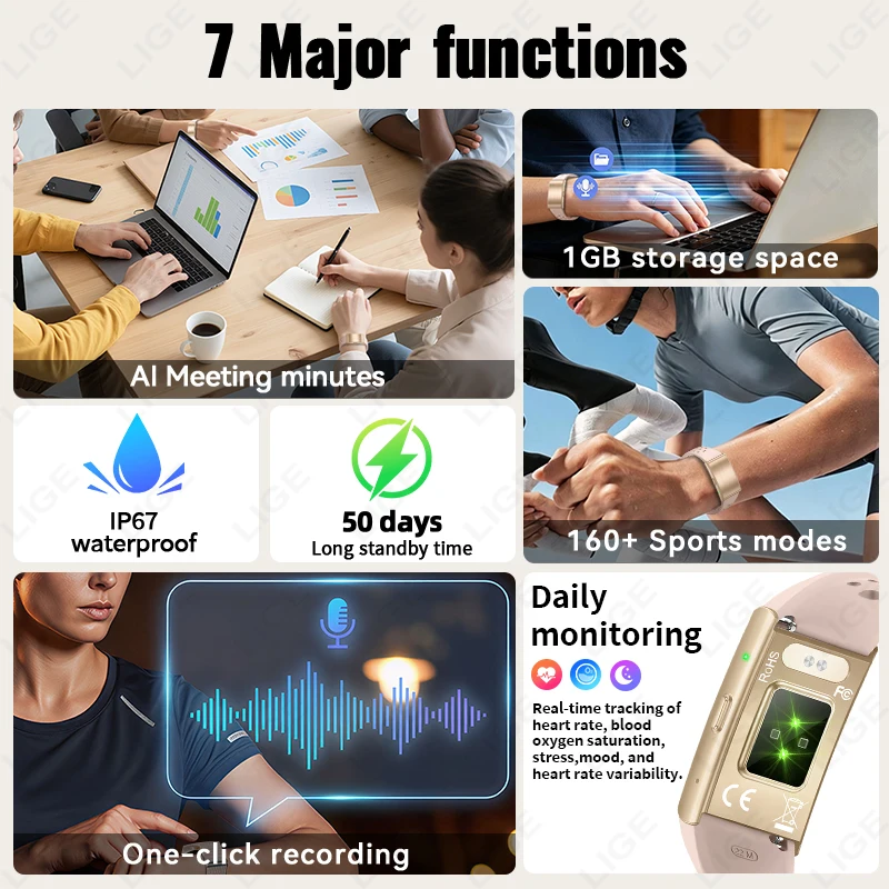 심박수 모니터 스마트 팔찌 AI 녹음 79개 언어 지원 1GB 메모리 160+ 모드 IP67 방수 스포츠 피트니스 밴드