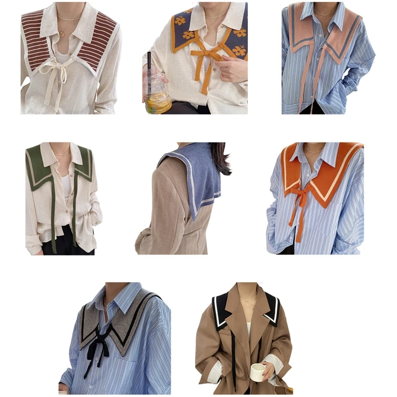 

Korean Women Winter Knit Shawl Wrap Neck Scarf Contrast Color Striped Floral Print Neckerchief Lace-Up Bow Collar Cape