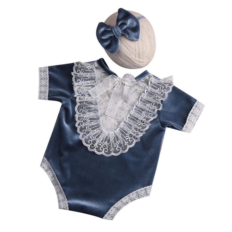 

Newborn Photo Suit Short-sleeve Romper Lace Neckline Bow Hair Tie Romper Infant Baby Picture Prop 100-day Clothing