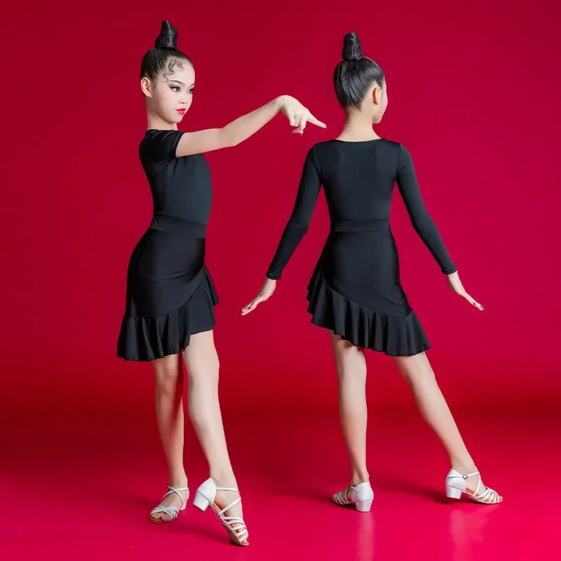 Set Girls Latin Dance Black Dress Ballroom Costume Latin Dress Costume Kids Gymnastics Pratice Dance QMilch Professional