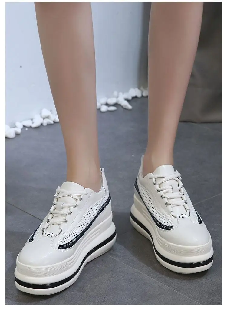 7cm Leather Hollow Platform Wedge Sneakers - true deals club