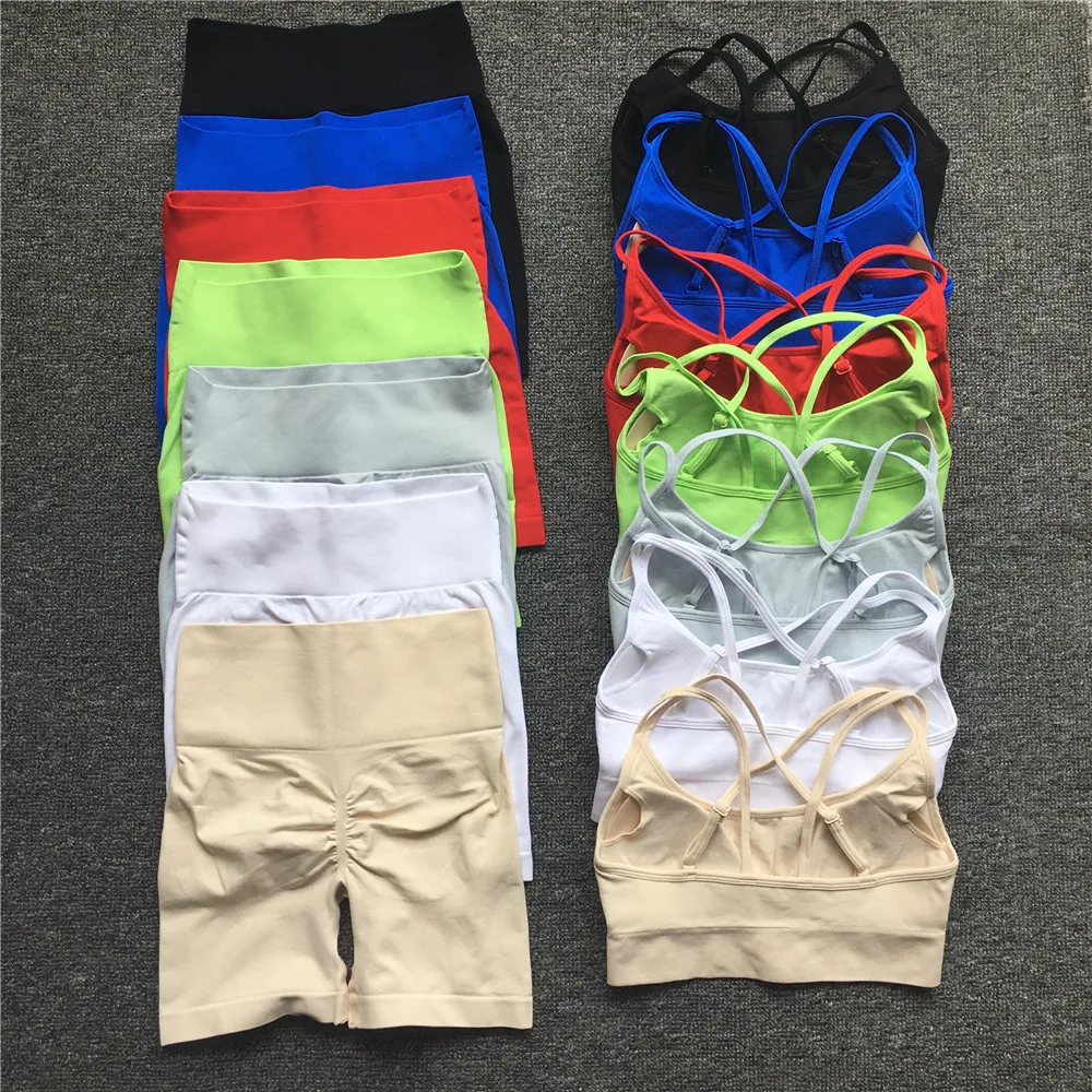 1/2PCS Gym Streamline Women Yoga Sets Workout Legging Halter Sports Bra High Waist Scrunch Shorts Outfits Active Fitness Suits