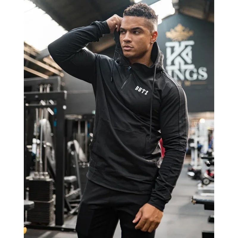 Fall Fitness Hoodie Men's Overhead Gym Running Training Clothes Trendy Brand Half Zip Jacket Comfortable Sportswear Hooded
