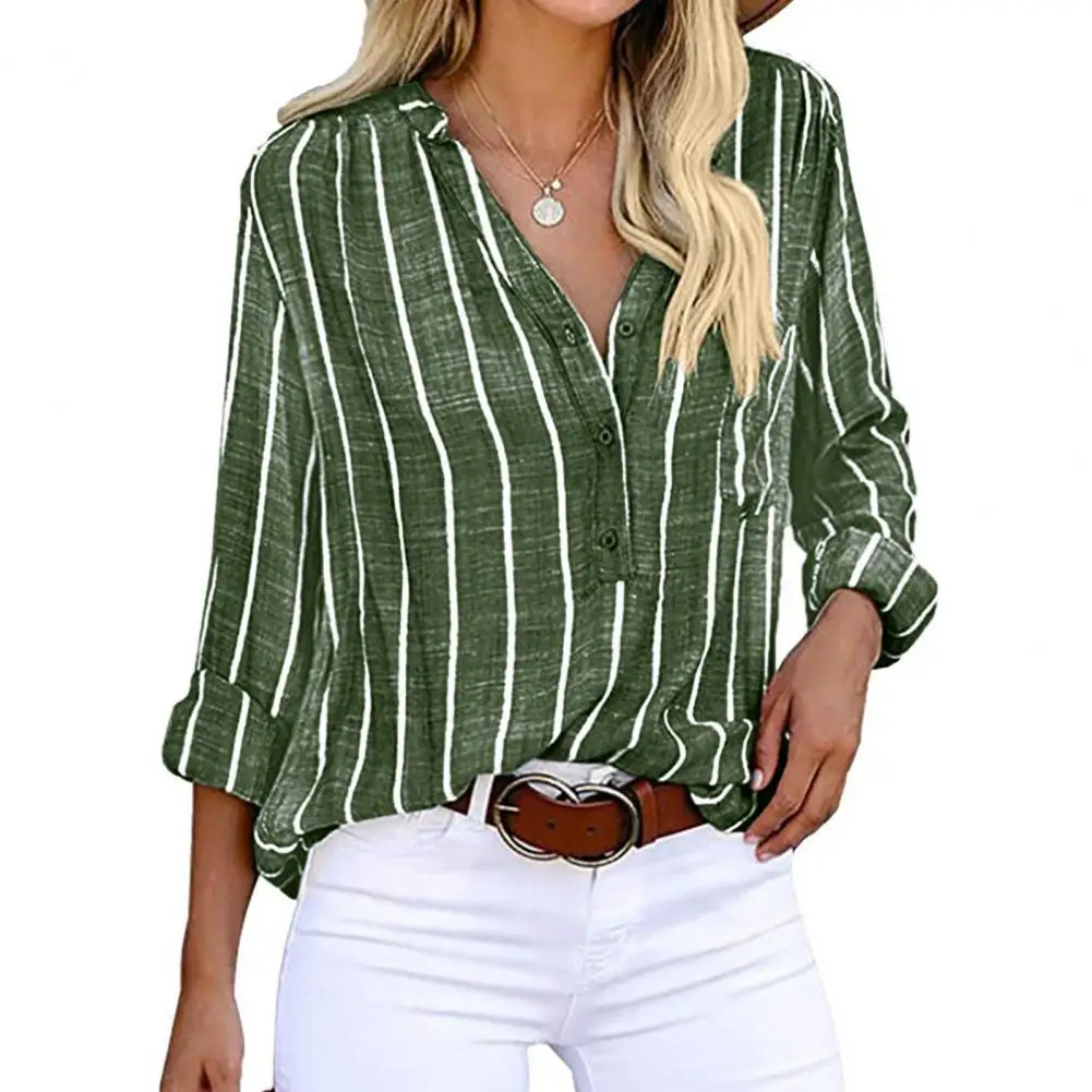 

Women Top Striped Print V Neck Long Sleeve Blouses for Women Summer Tops with Loose Fit Button Detail Streetwear Fashion