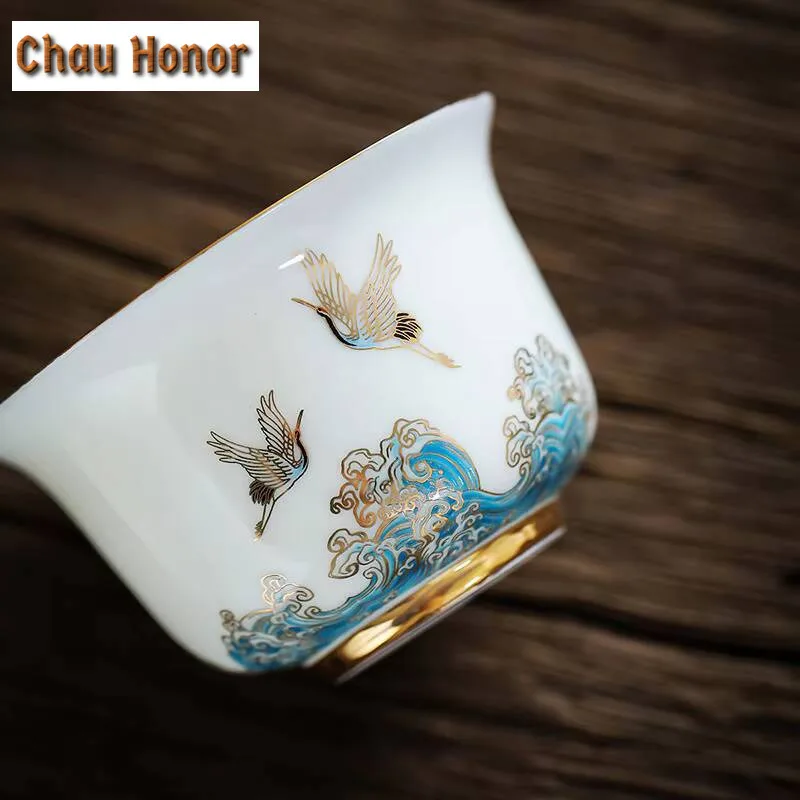 200ml Crane Mutton Fat Jade White Porcelain Gaiwan Japanese Tea Tureen Tea Bowl With Lid Kit Tea Maker Cover Bowl Cafes Ornament