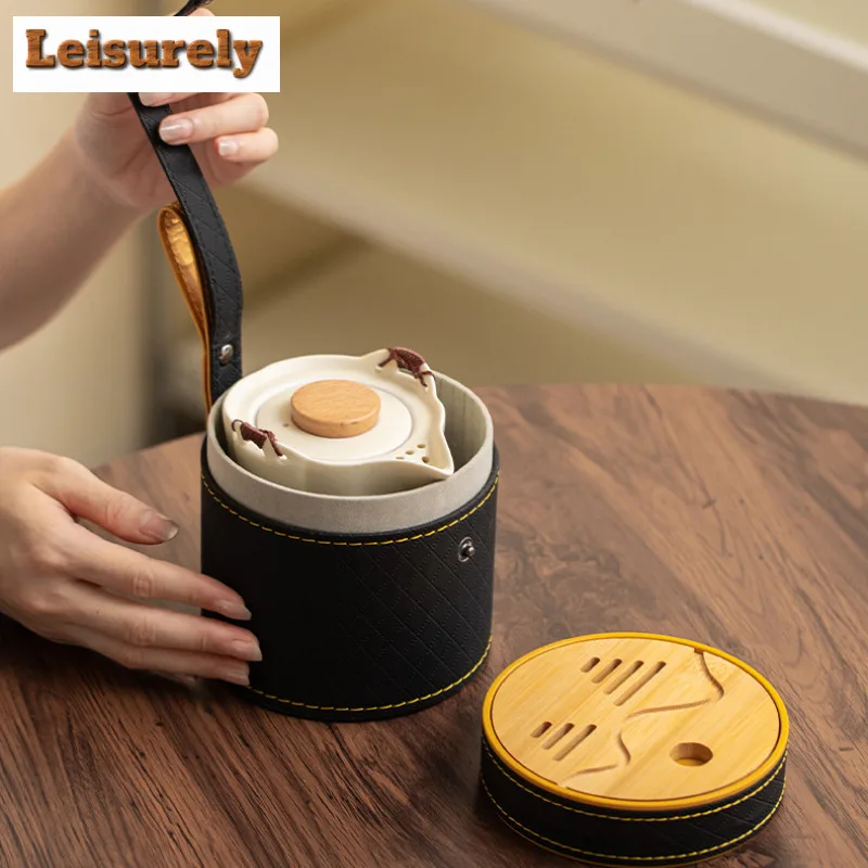 Cream Style Travel Tea Set Kit Handmade Set Of Cups 1 Pot 2 Cups Tea Making Organizer Portable Camping Handbag Accessories Craft