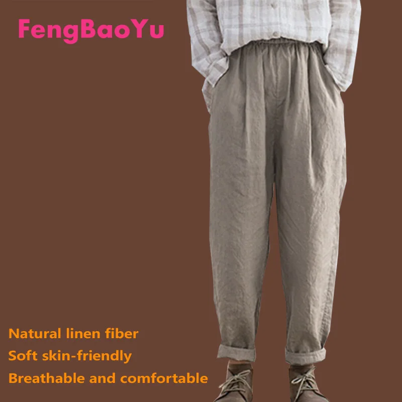 Fengbaoyu Linen Fabric Spring Autumn Ladies Relaxed Leisure Radish Trousers Fat Girl Weight 100KG Whit Baggy Pants Free Shipping free shipping grassland airplane kite rainbow triangle kite surf latawiec flying game from fabric linha pipa windrad fishing